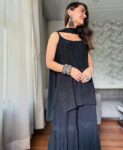 Black Amayra Viscouse Short Noodle Strap Kurti with Garara & Dupatta