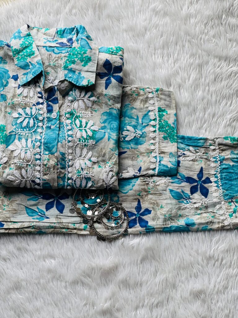 Elif Floral Printed Cord Set Blue