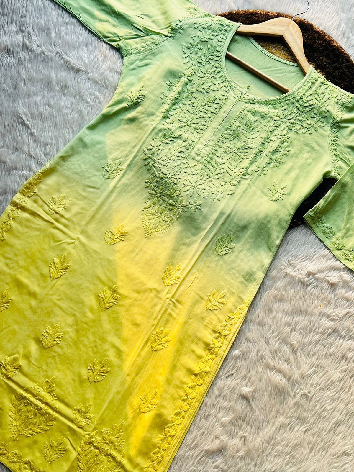 Safraa Ryon Dye Kurti yellow-green-full